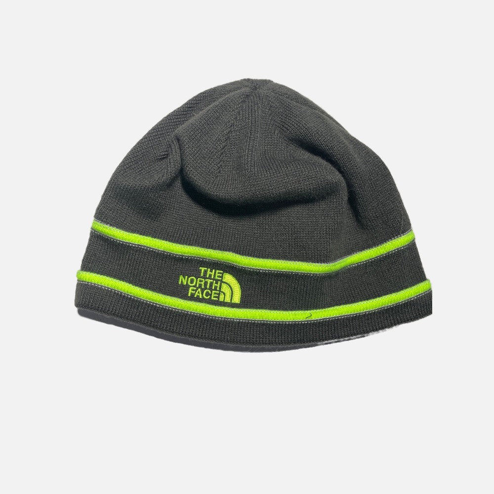 The North Face Youth Beanie Hat Grey Neon‎ Green Stripe Fleece Lined M/M